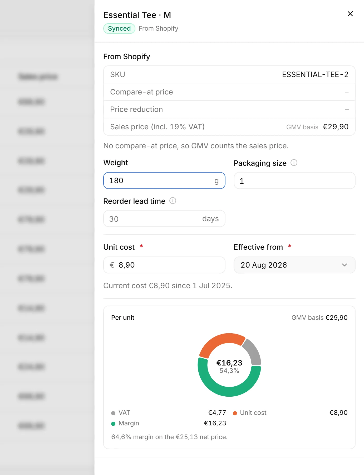 The product panel for Essential Tee M: unit cost 8,90 euro from 1 Jul 2025, weight 180 g, and 16,23 euro of margin on a 29,90 euro sale